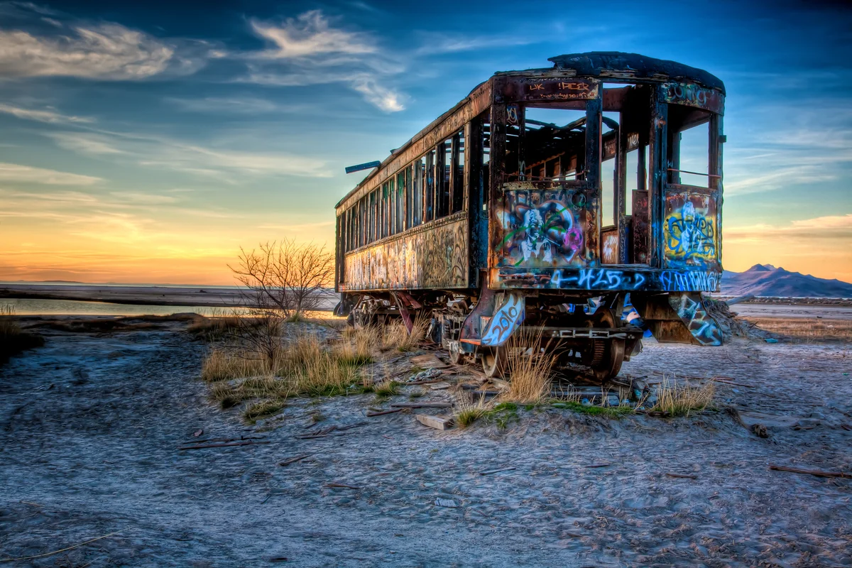 Abandoned train car by Great Salt Lake