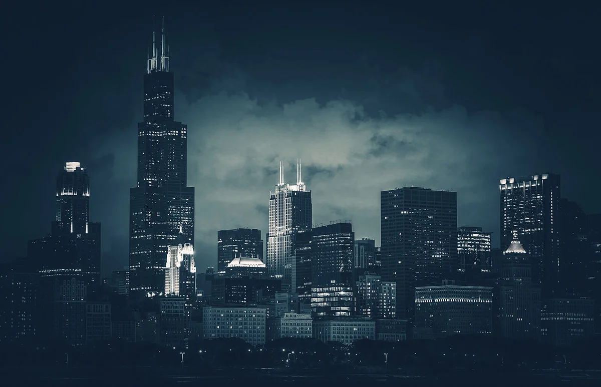 View Of Skyscrapers Lit Up At Night