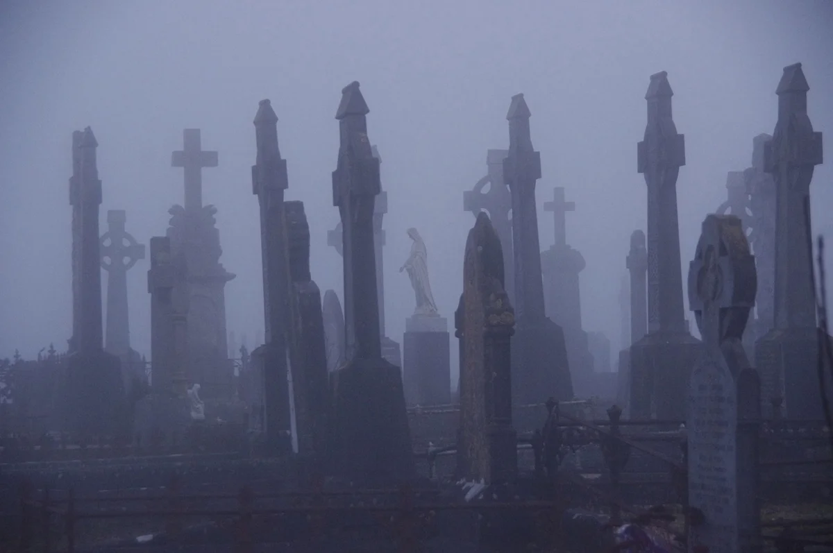 Scary cemetery at night in fog