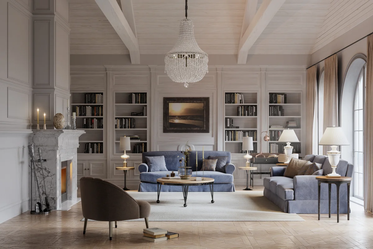 Digitally rendered view of a beautiful living room