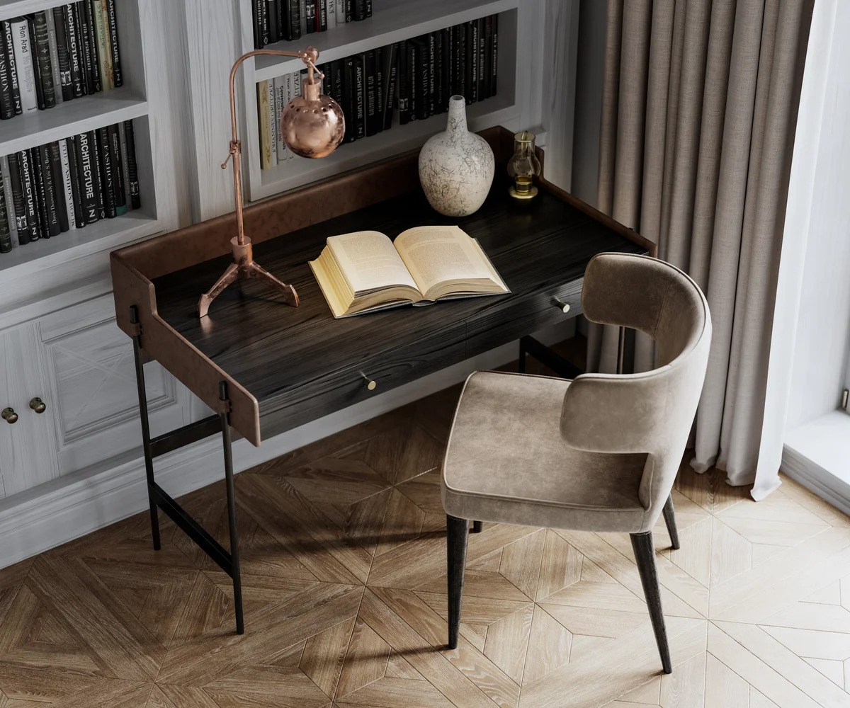 close up of a chair and desk with an open book