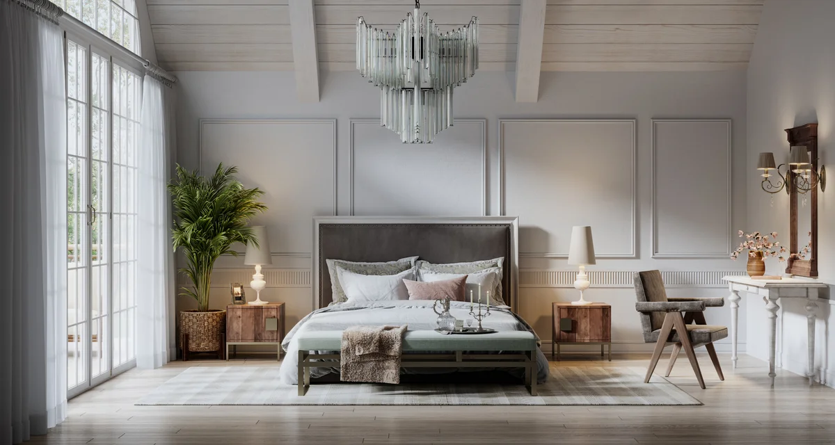 Beautiful bedroom in a luxurious cottage house