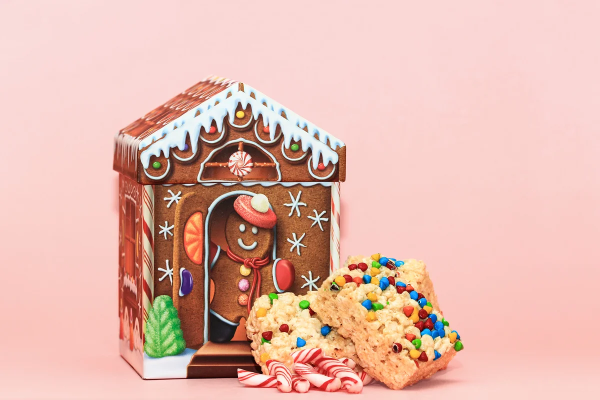 Gingerbead House with Candy Cane Pieces and Rice Krispies