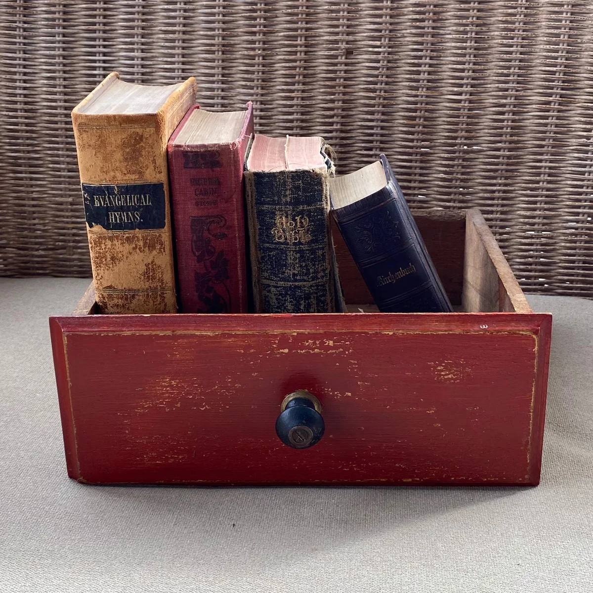 Vintage Red Painted Wood Drawer with Knob Farmhouse Primitive Display Antique Decor