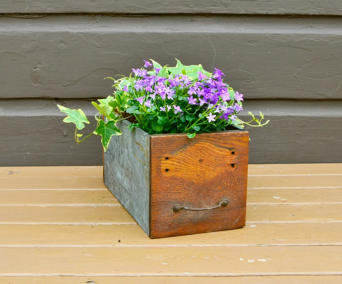 Vintage Oak Wood and Galvanized Metal Drawer