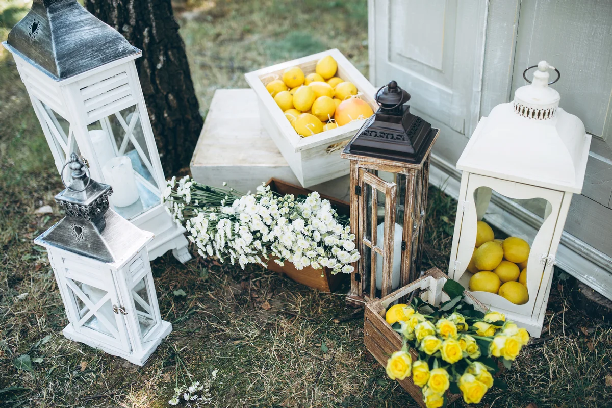 Wedding decorations with flowers, lemons and candles