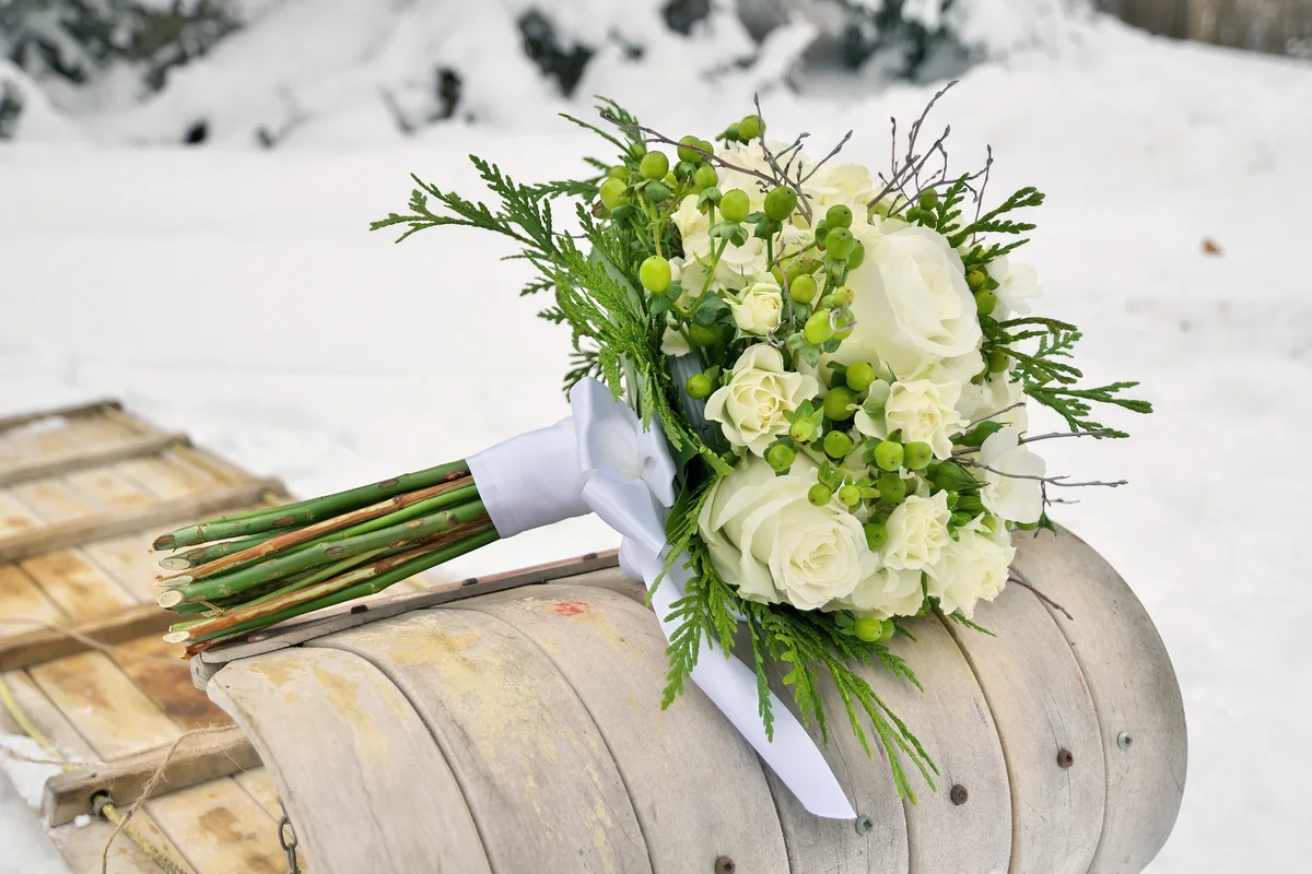White Rose Wedding Bouquet on Toboggan in Snow