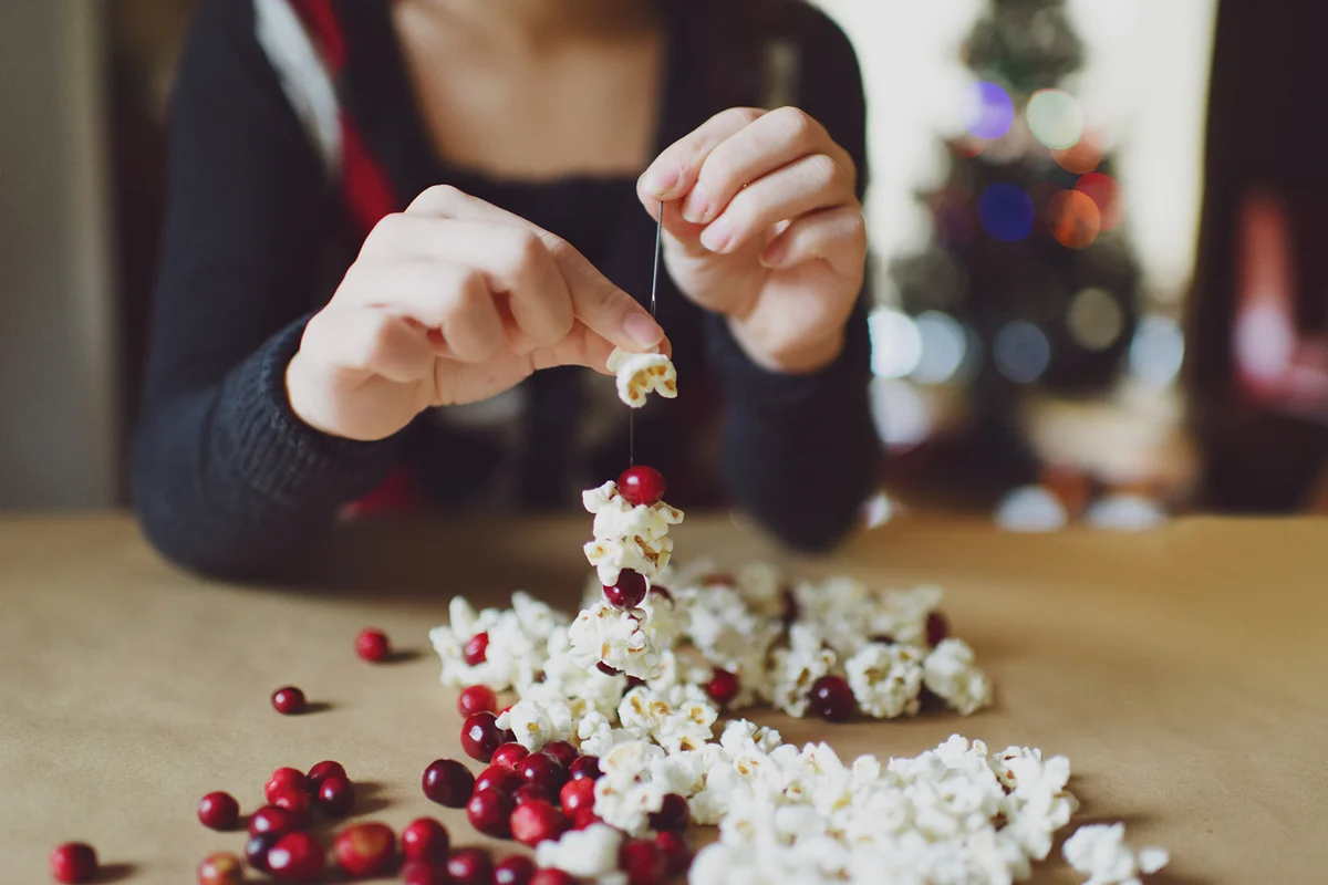 Making Christmas garland of fresh cranberries and popcorn.
