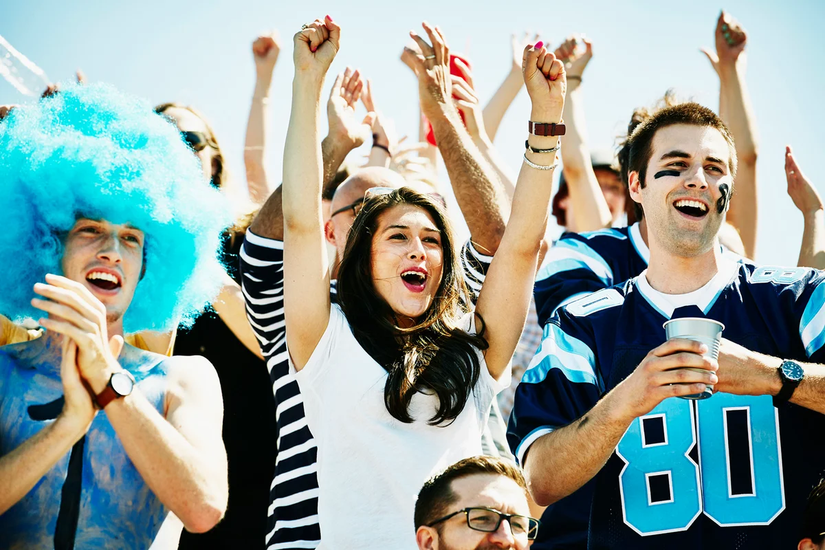 Football fans in stadium celebrating touchdown