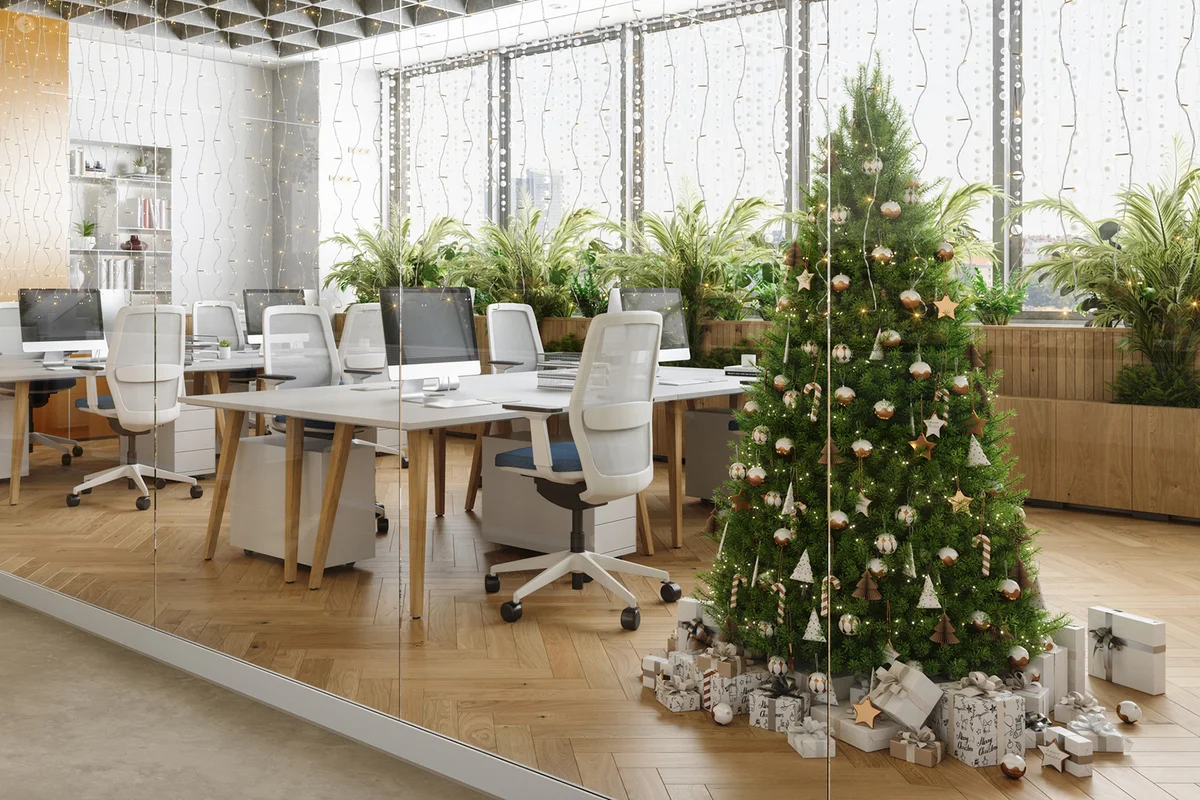 Modern Office With Christmas Tree