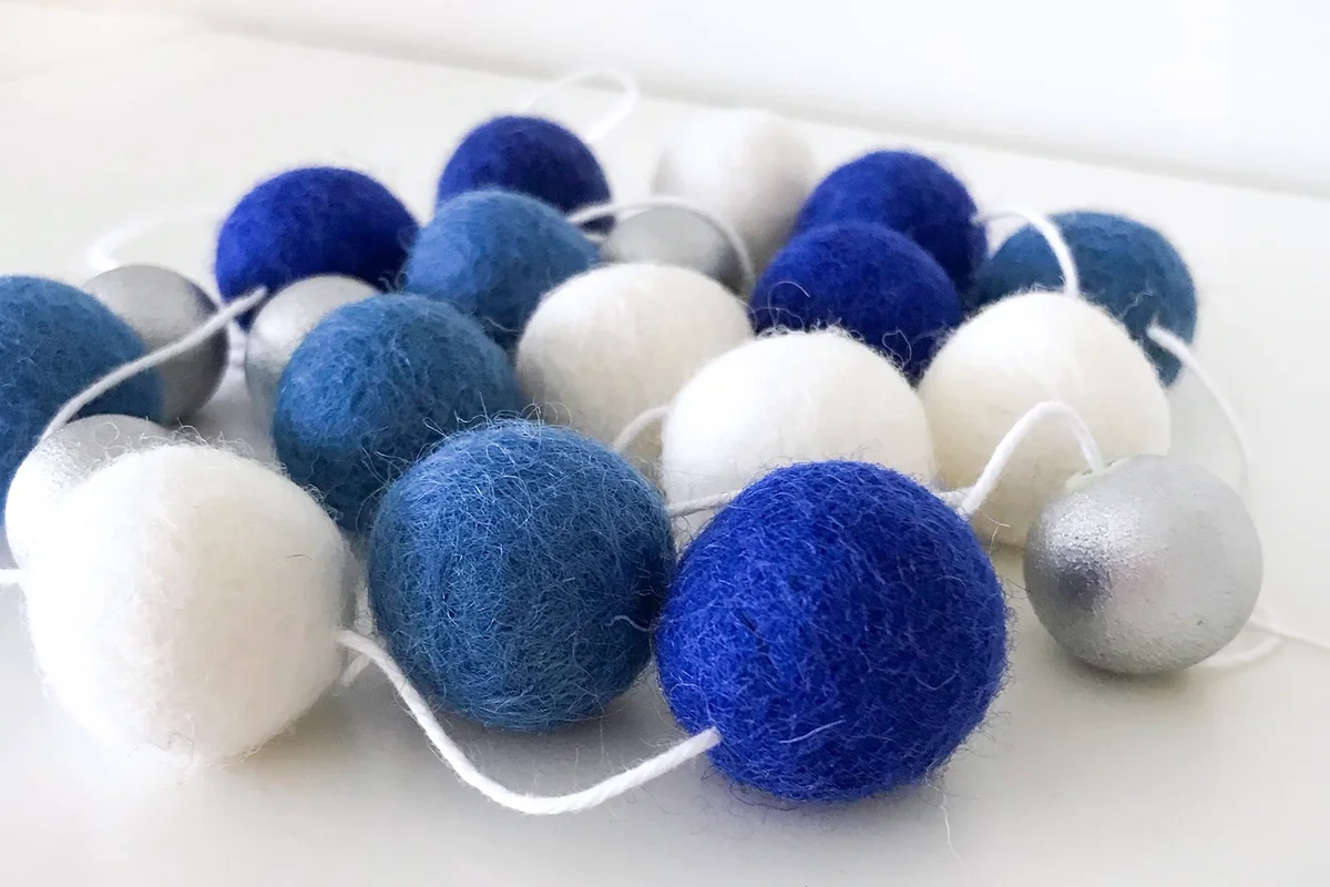 Metallic Hanukkah Felt Ball Garland Blue White and Silver