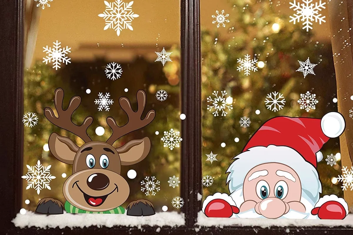 Peeping Santa and Rudolph Christmas Windows Stickers New Year