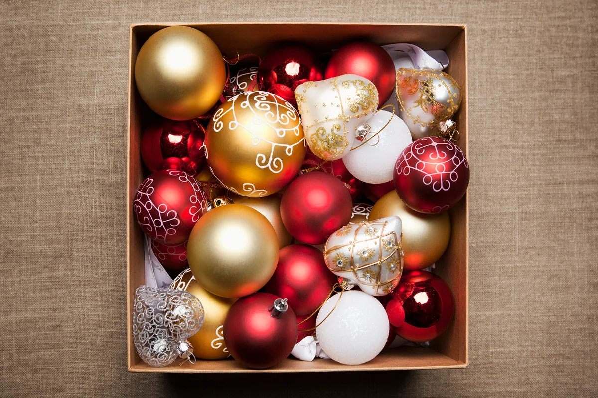 Box with christmas decorations
