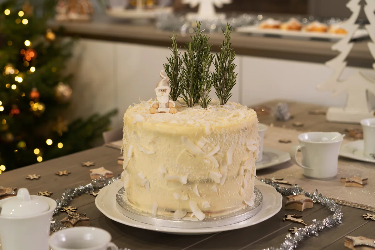 Christmas cake at home in decorated living room