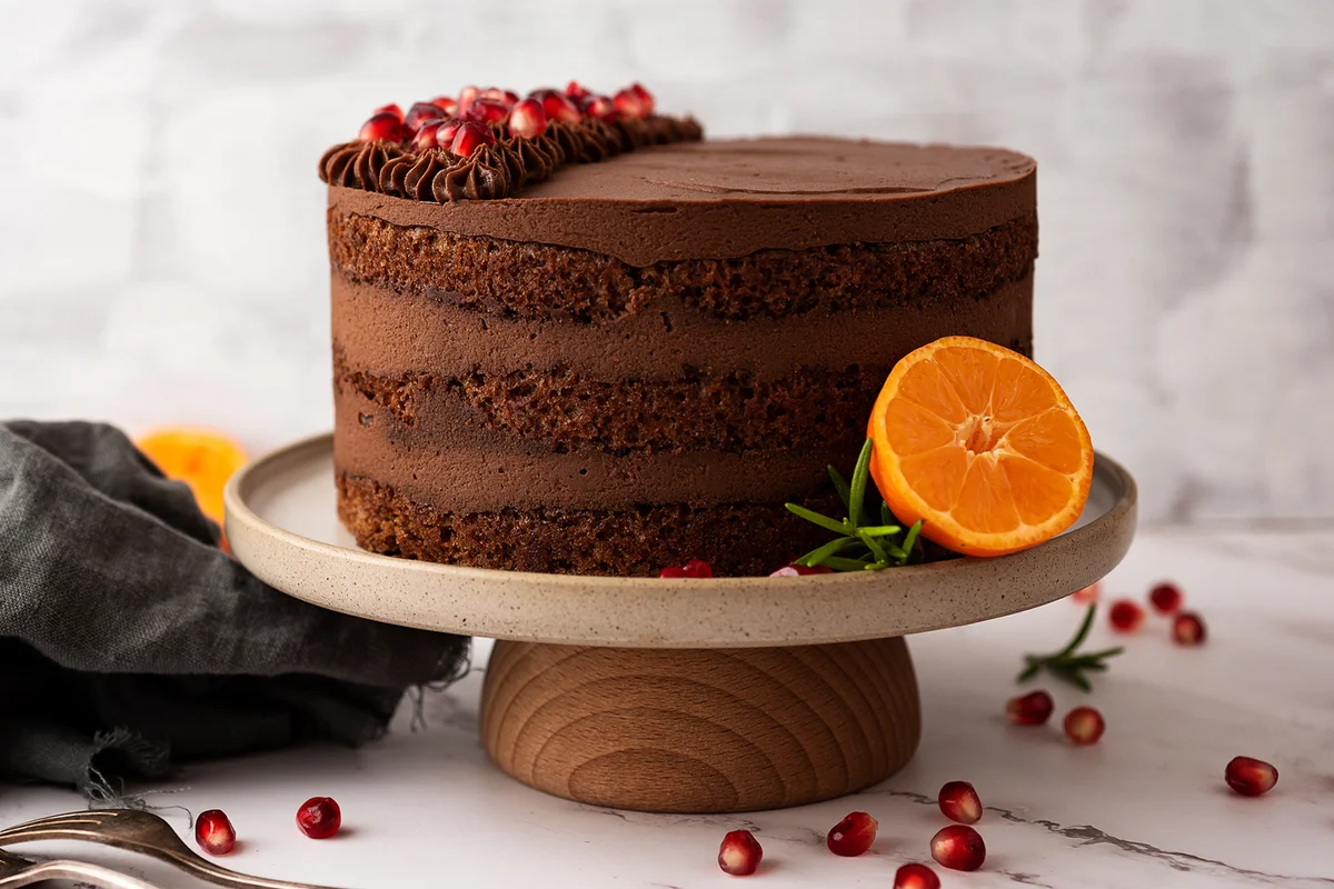Chocolate cake with pomegranate, tangerines and rosemary