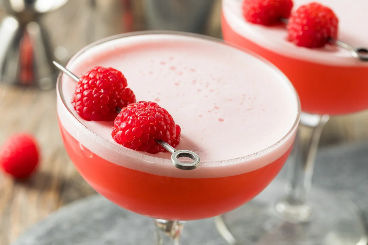 Boozy Pink Clover Club Cocktail with Raspberries