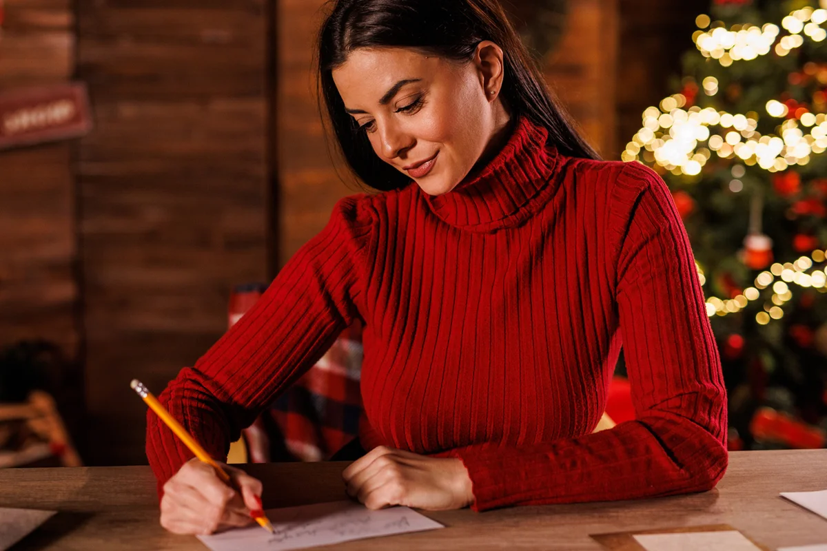 Creative young woman writing Christmas letters and cards for loved ones