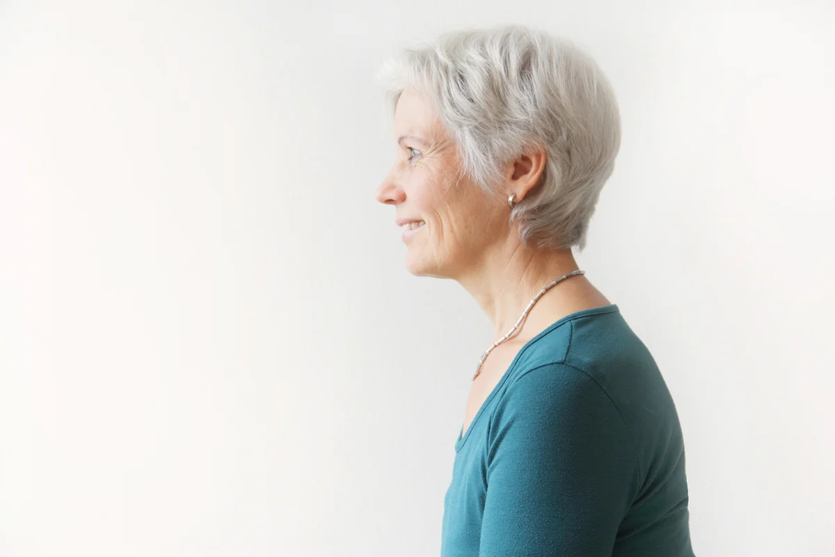 Woman with short grey hair