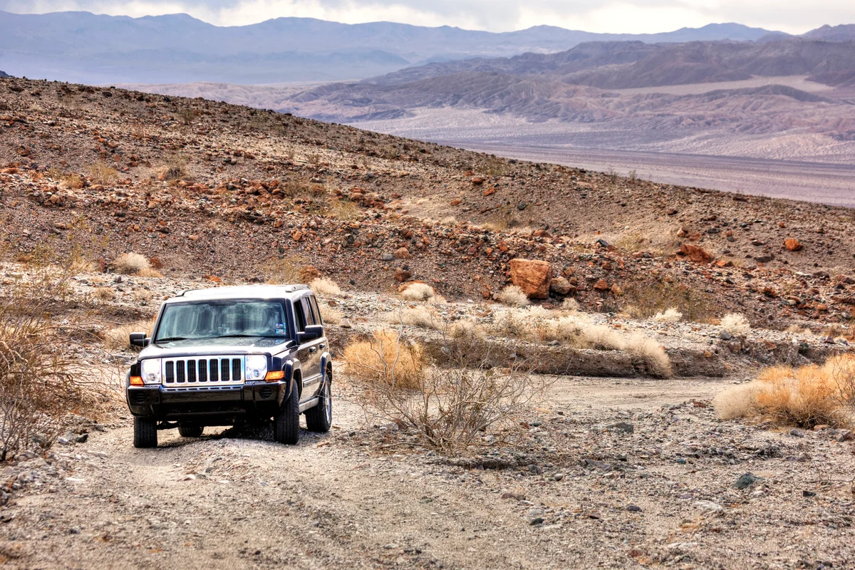 An off road vehicle in a desert landscape