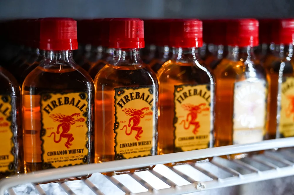LAS VEGAS, NEVADA - MARCH 23: Miniature bottles of Fireball Whisky on display during the 2022 Bar & Restaurant Expo and World Tea Conference + Expo at the Las Vegas Convention Center on March 23, 2022 in Las Vegas, Nevada.