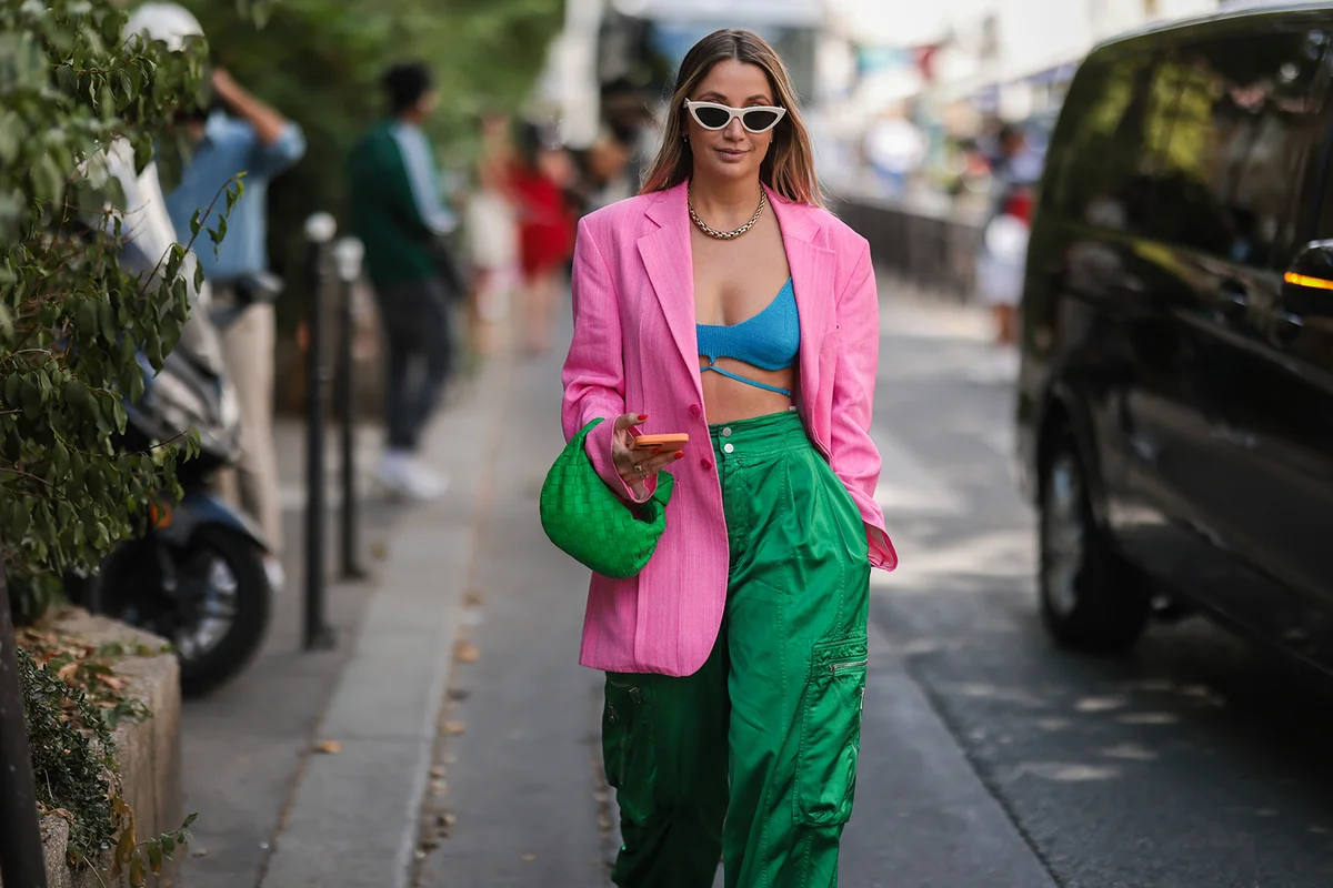 pink linen oversized blazer jacket, green oversized cargo pants