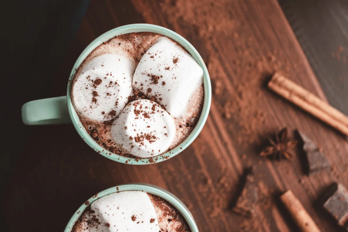 Hot chocolate drink with marshmallow in a cup on wooden board with cinnamon and star anise, top view