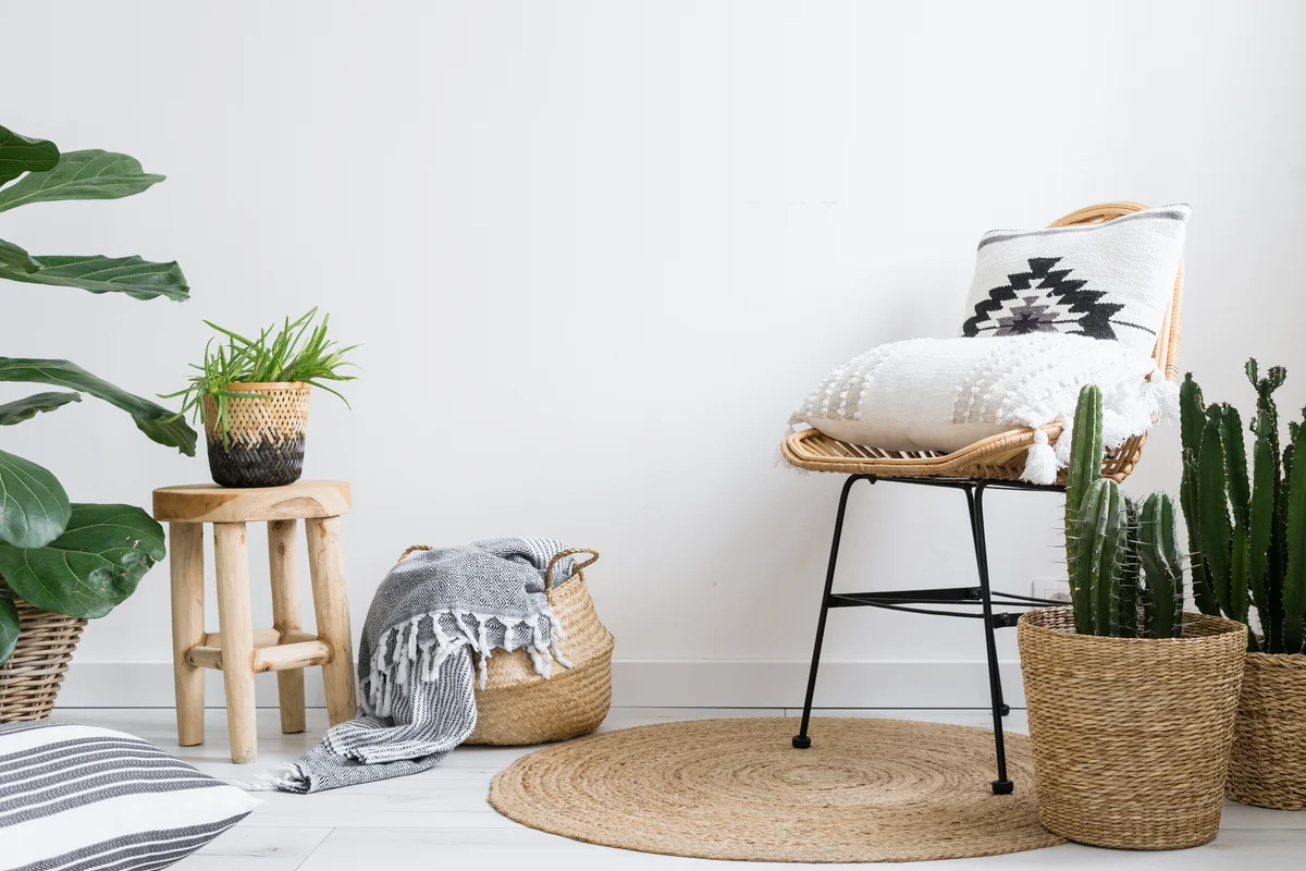 Houseplants in boho baskets