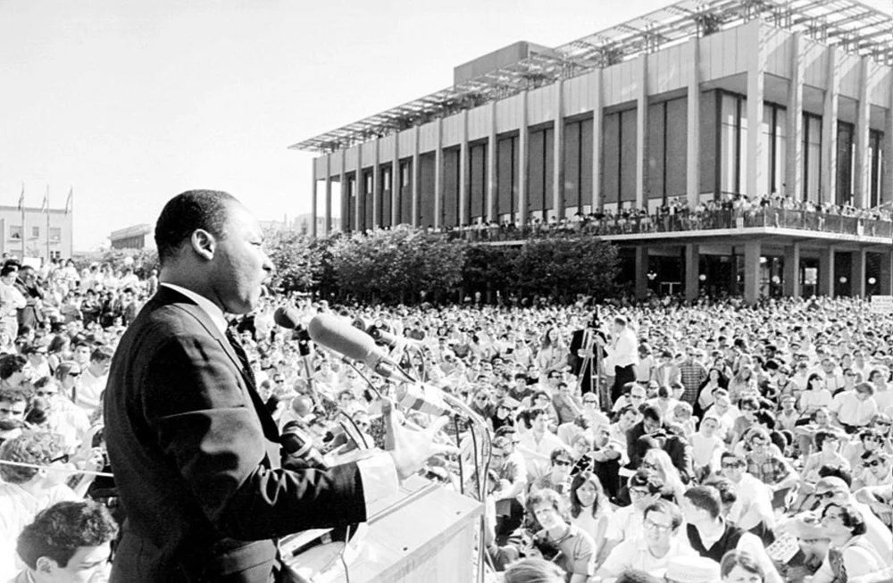 Civil rights leader Reverend Martin Luther King, Jr. delivers a speech to a crowd of approximately 7,000 people on May 17, 1967 at UC Berkeley's Sproul Plaza in Berkeley, California.