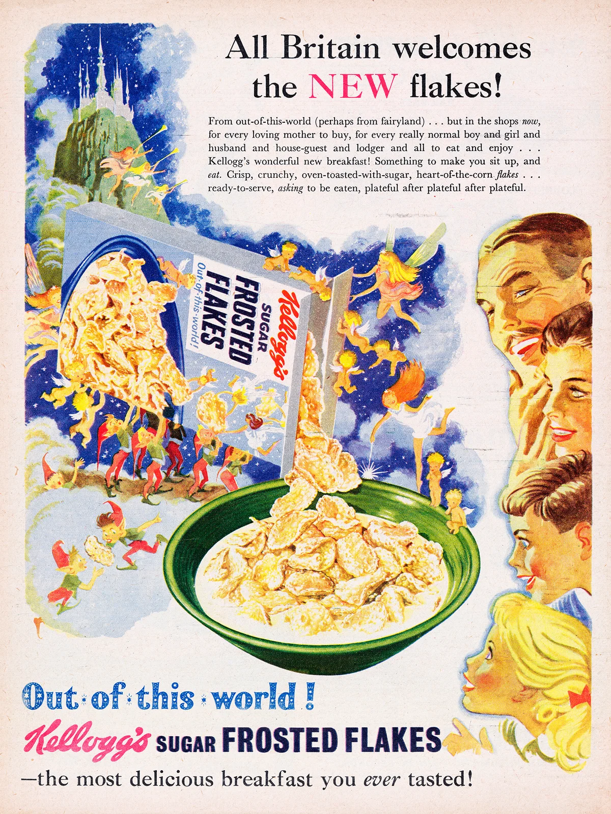 Advertisement for Kellogg's Sugar Frosted Flakes breakfast cereal