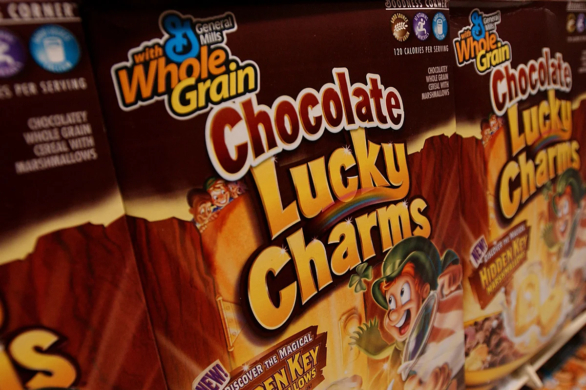 Boxes of General Mills Chocolate Lucky Charms cereal