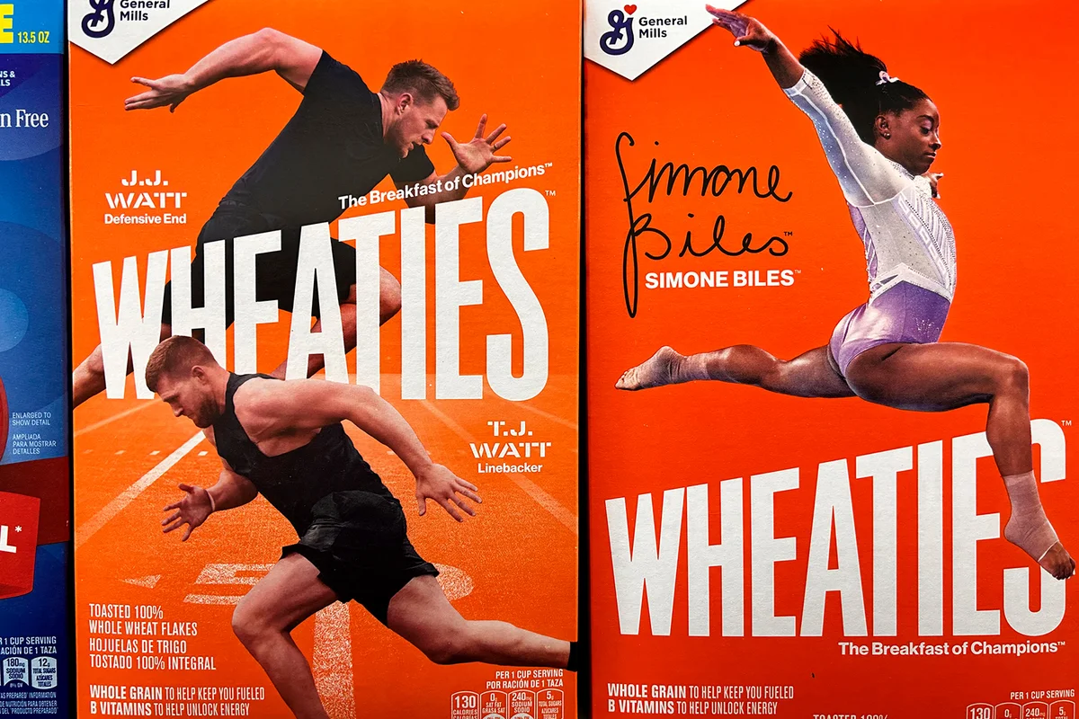 Wheaties cereal boxes with famous athletes on box, JJ Watt, TJ Watt and Simone Biles