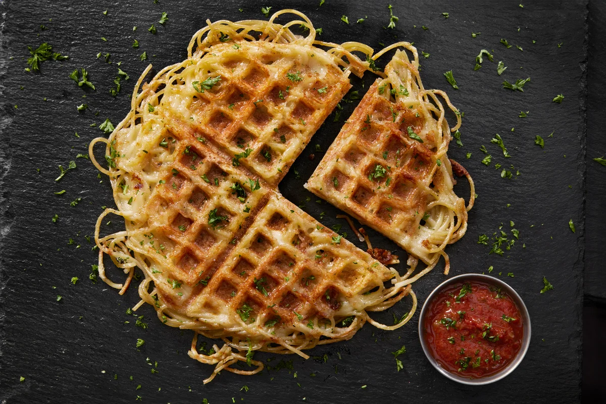 Crispy Spaghetti Waffles with Mozzarella Cheese