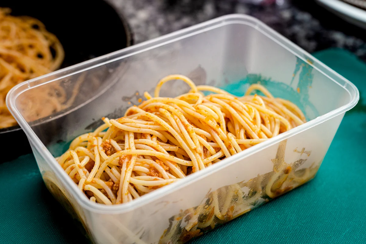 A food plastic box of pasta spaghetti take away