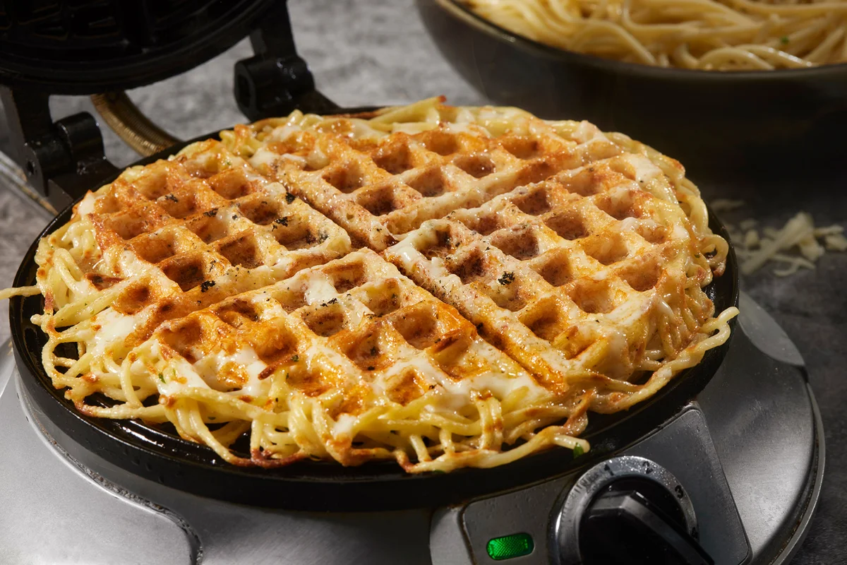Making Crispy Spaghetti Waffles with Mozzarella Cheese