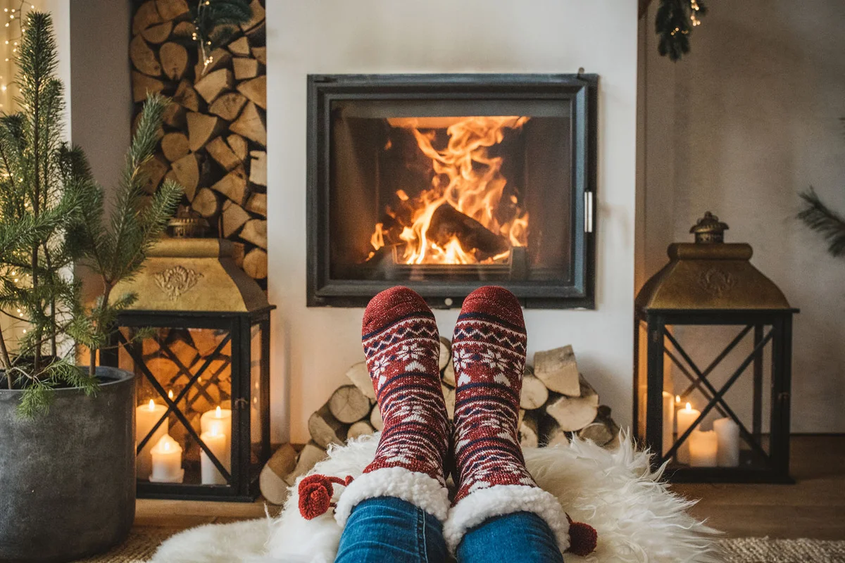Winter day by fireplace