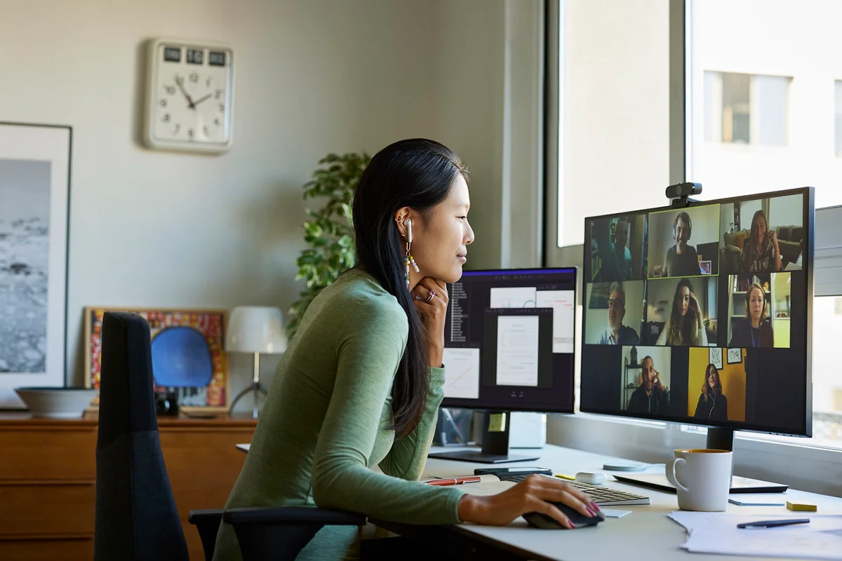 woman discussing during video conference