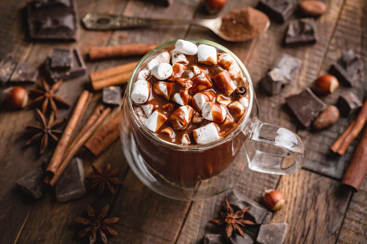 Hot chocolate with marshmallow in glass mug
