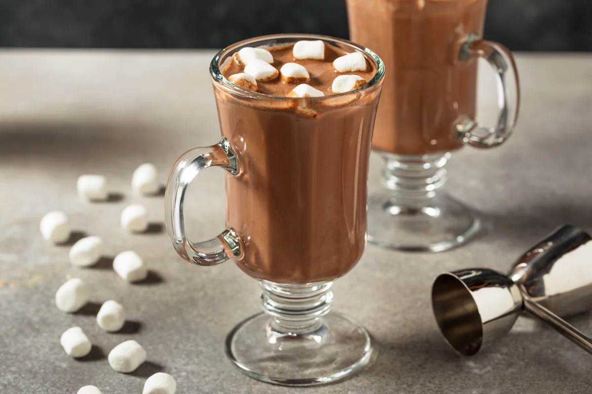 Warm Boozy Hot Cocoa Chocolate in a Mug with Marshmallows