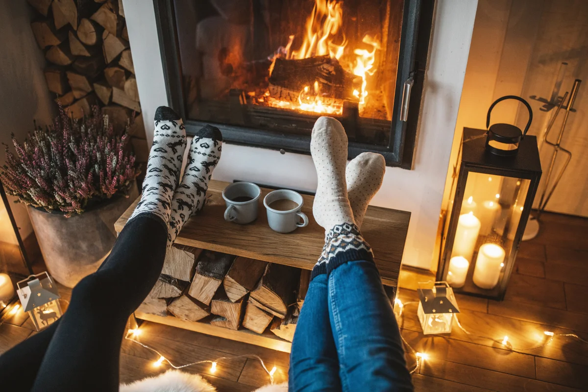 Lazy winer day in front of fire in fireplace