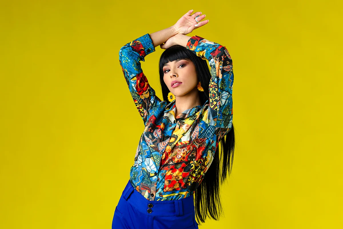 Young woman wearing a retro style colorful clothes
