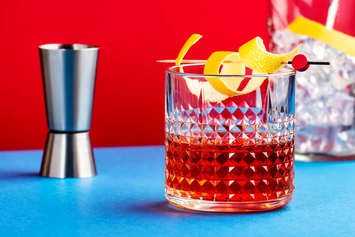 Picture of a prepared Sazerac cocktail.