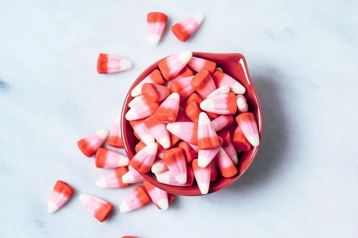 Bowl of valentine candy corn