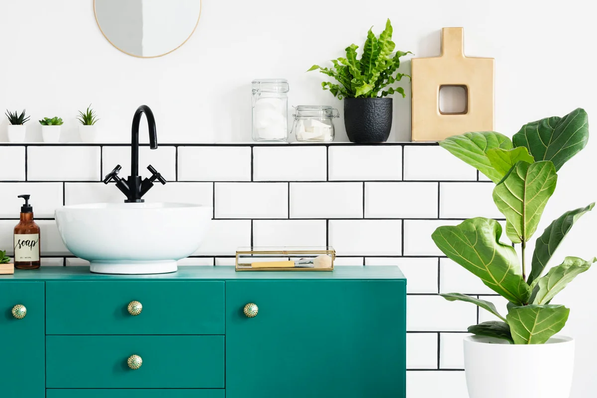 Green cabinet next to plant on gold table in modern bathroom interior