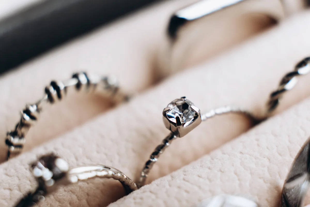 Silver rings in storage box case