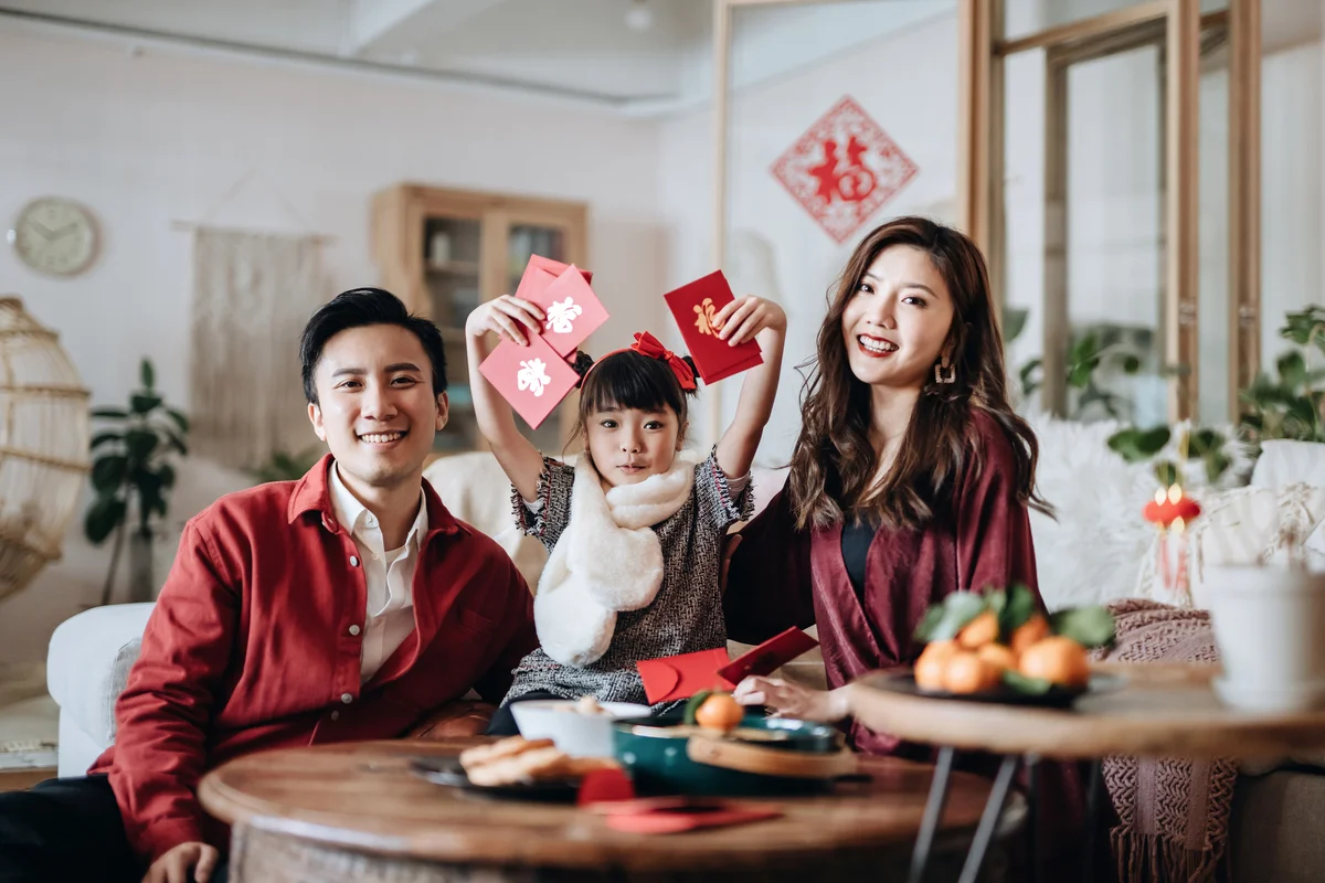 family wearing red clothes on Lunar New Year