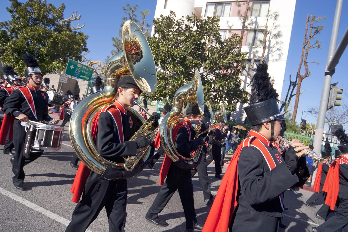 Marching Band performs and play sousaphone tubas