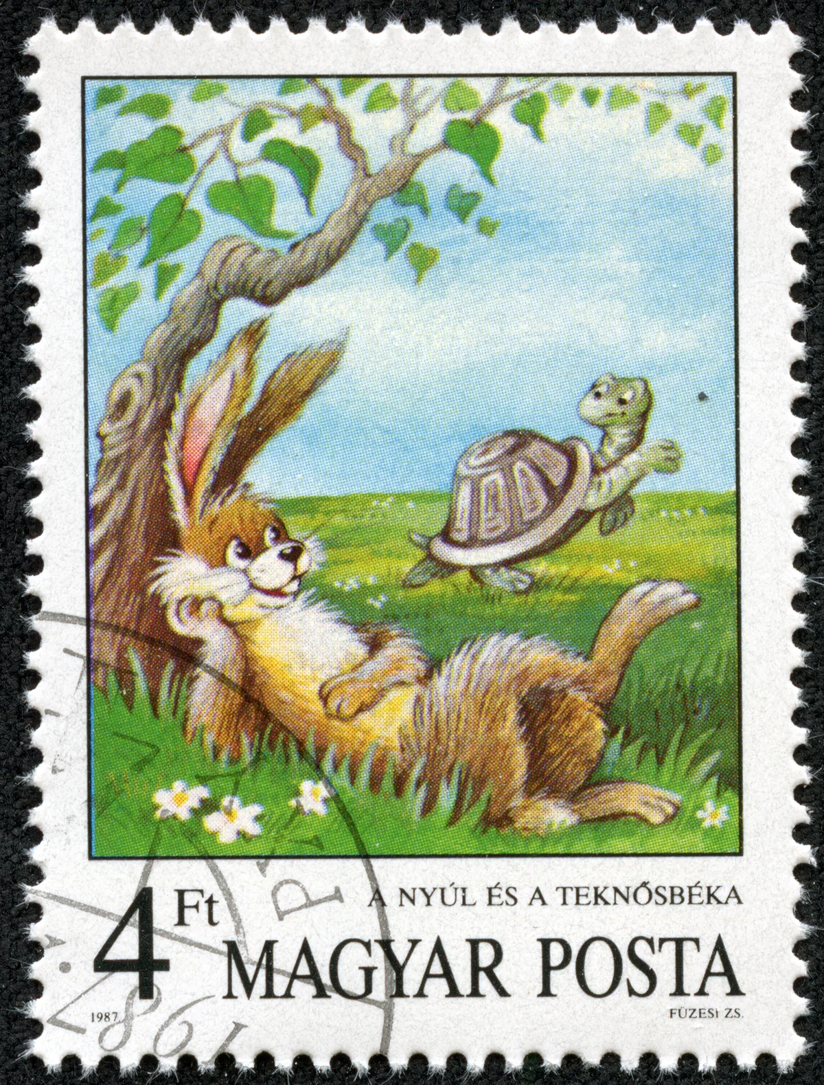 A stamp printed in Hungary from the "Fairy Tales" issue shows The Hare and The Tortoise (Aesop), circa 1987.