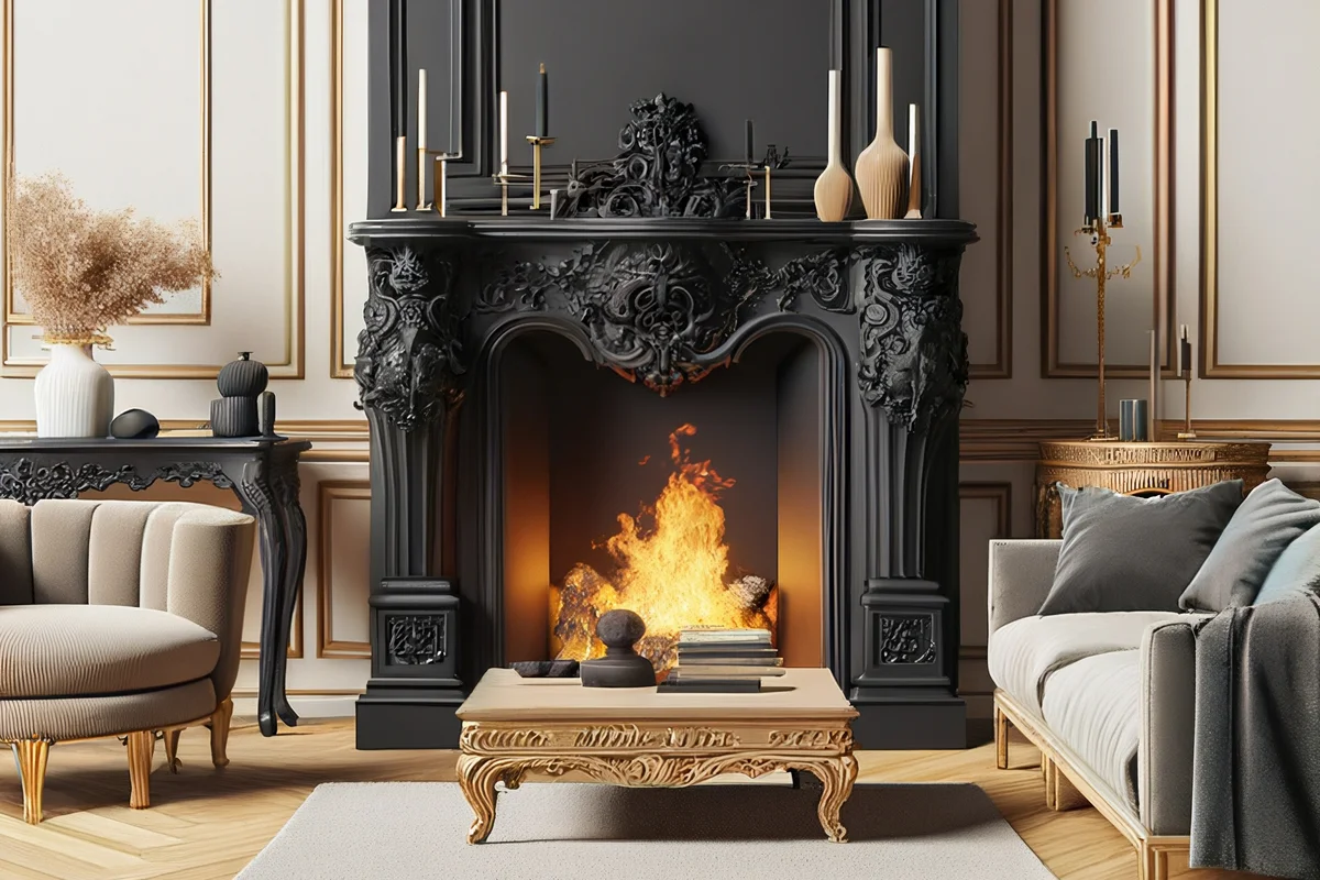 living room with black fireplace