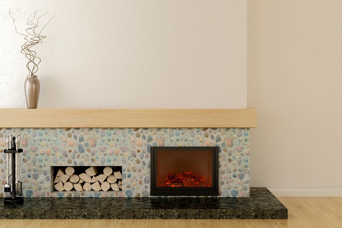 Fireplace in modern style, located on a marble pedestal, lined with stone and wooden mantel