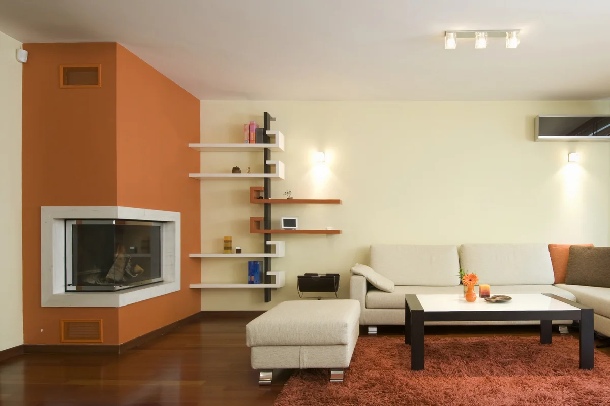 Modern living room interior with fireplace